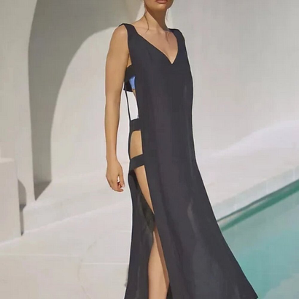 Anthropologie Black Side-Cut Midi Dress with Blue Accent
